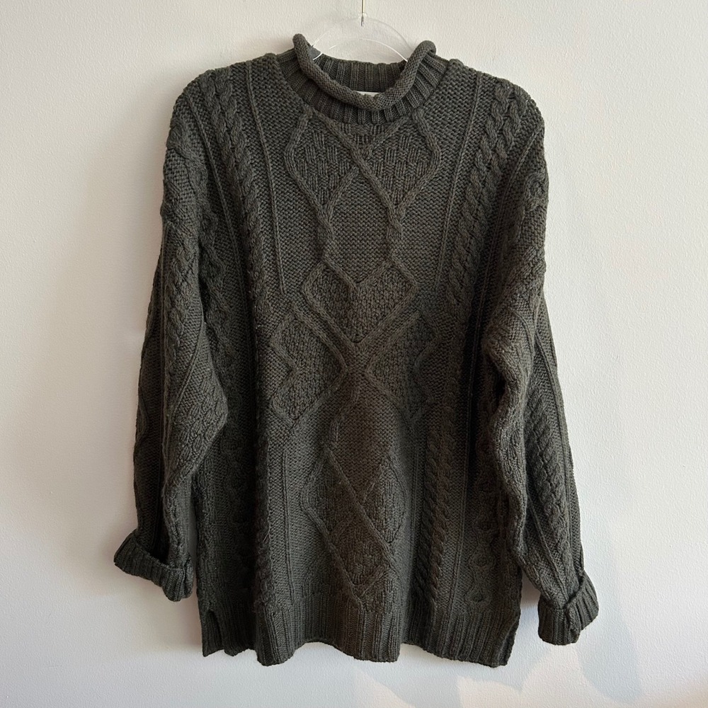 Aran Crafts Sweater Green Medium Merino Wool Irish Cable Knit Mock Neck